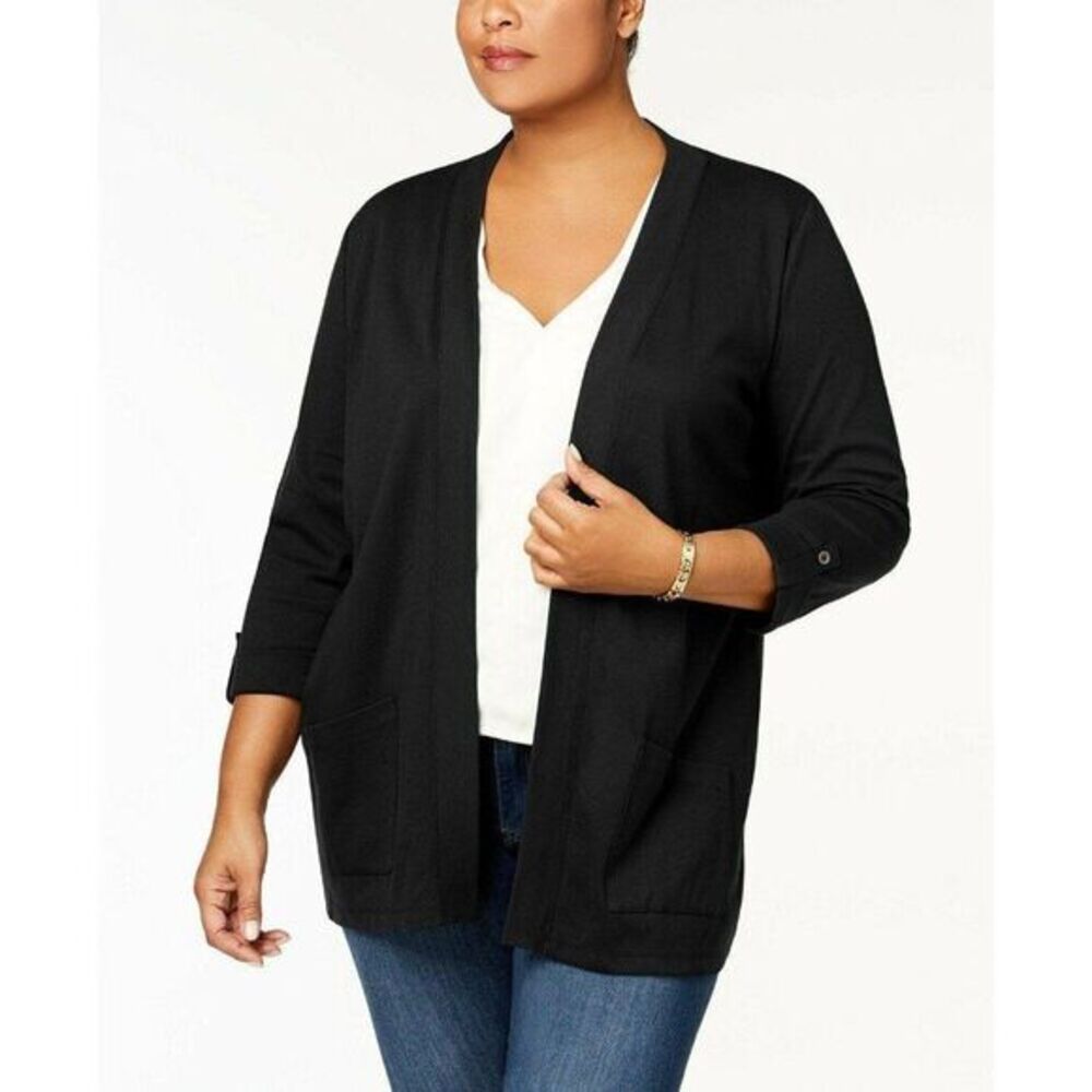 KAREN SCOTT Open Front Zipper Pocket Cardigan Sweater XS NWT X-Small Black